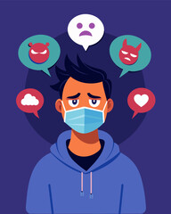 Fototapeta premium Amid the chaos of scrolling through toxic messages and insults on social media a person wears a mask of indifference but the pain can be seen in their clenched jaw.. Vector illustration