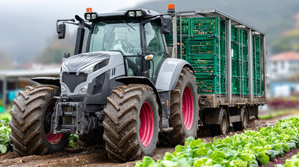 A powerful farm tractor efficiently transports freshly harvested produce in green crates across a muddy field.