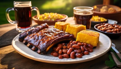 savoring bbq ribs with cornbread and beans at a charming outdoor table gathering