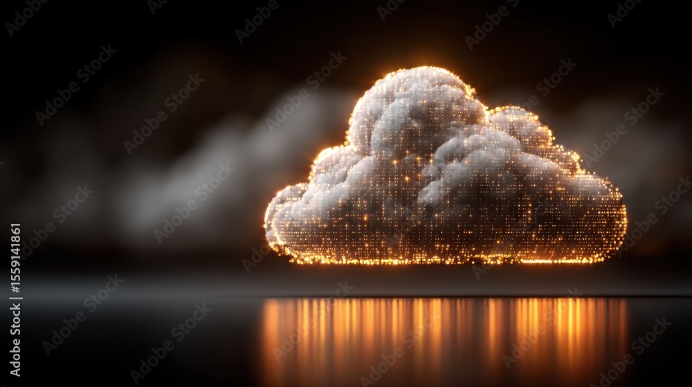 Poster a luminous cloud formation made of glowing particles floats above a reflective surface, creating an 