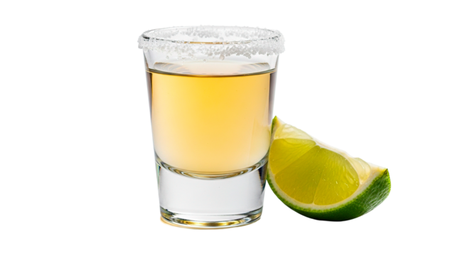 Tequila shot with salt on the rim and a lime wedge, ready to be enjoyed.