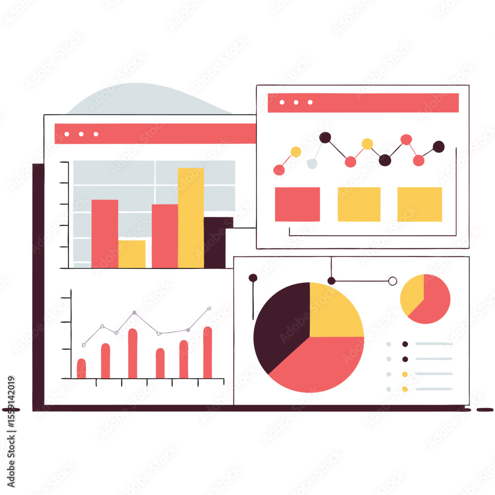 Poster flat design illustration of various charts and graphs on a white background