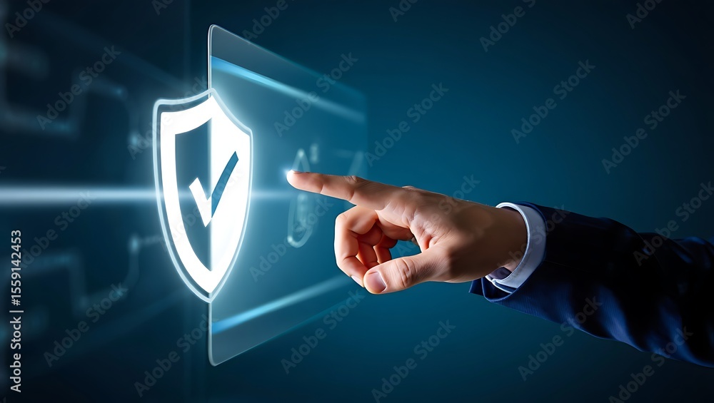 Poster a person in a suit jacket touches a glowing digital shield with a checkmark symbolizing data securit