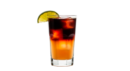A refreshing cocktail featuring layers of orange and dark liquids, complete with a lime garnish.