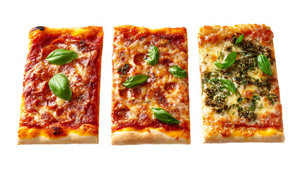 Pack Collection Delicious Pizza Variations Three Gourmet Rectangular Pizzas set against transparent background