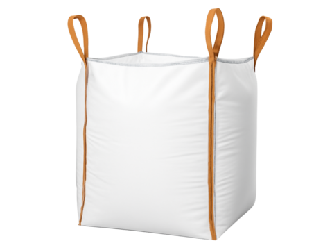 High quality image of a bag used for gardening and landscaping. The bag is shown isolated on a white or transparent background, which highlights the texture and natural color of the wood chips. Ideal 