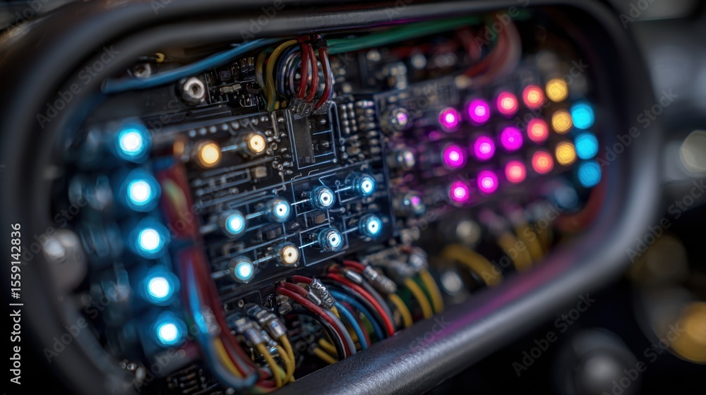 Poster close-up of a circuit board showcasing vibrant led lights in various colors. the intricate wiring an