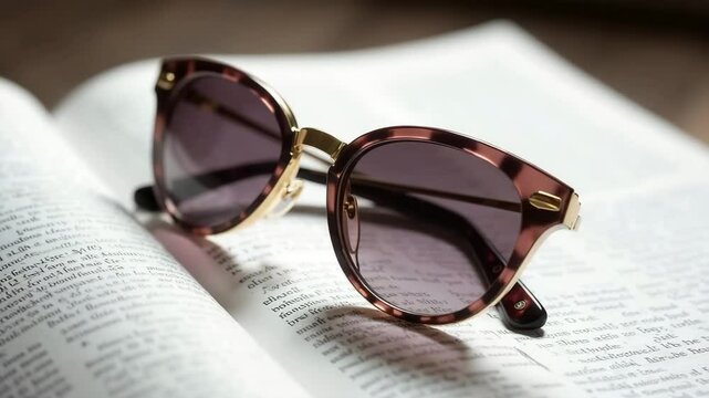 Stylish sunglasses resting on an open book. The sunglasses have a tortoiseshell pattern and dark lenses, creating a chic and modern look.