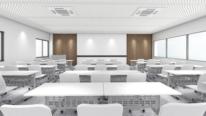 Seminar rooms in various forms, teaching rooms in white tones with soundproof carpets, 3D rendering