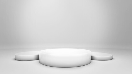 Three white round shape mockups on white background for product display graphics, 3D rendering.