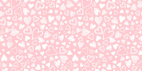 Seamless Pattern with hand drawn different Heart Shapes. White Hearts on Pink background. Endless wallpaper for textile, fabric, packaging, prints, Valentine's Day. Doodle style, vector 