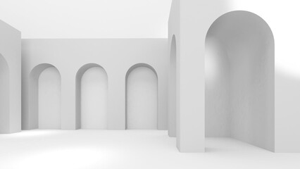 Abstract structure of white building in the shape of an empty curved building, 3D rendering.