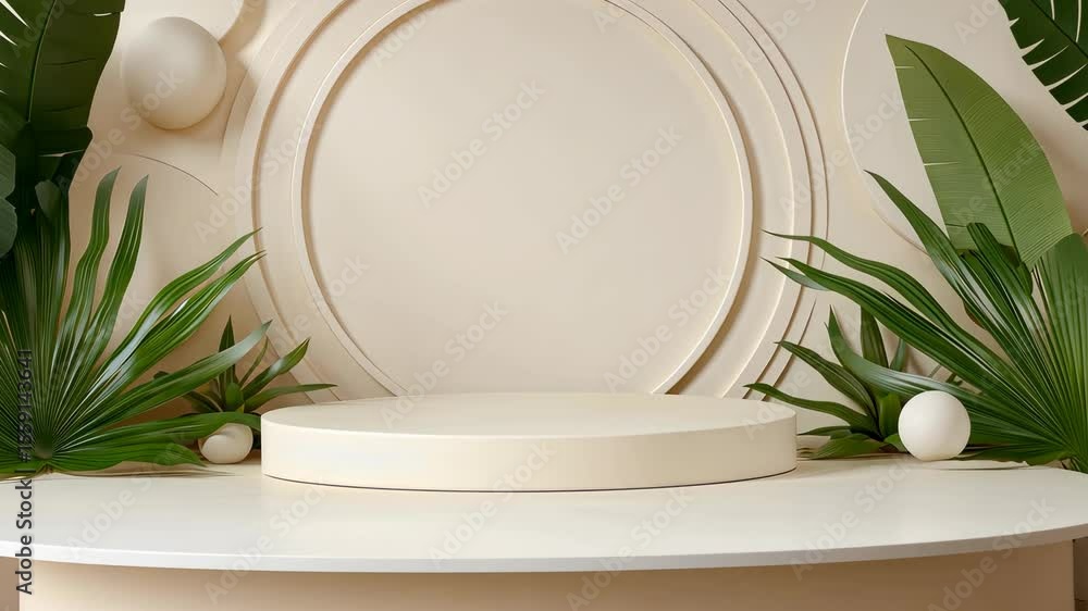 Poster stylish setup highlights minimalistic design elements with soft tones and greenery, perfect for prod