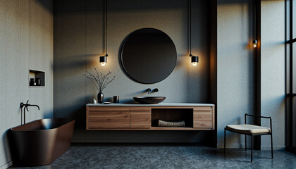 Industrial-style bathroom with exposed pipes, metal bathtub, concrete walls, and dark modern finishes &ndash; interior design with raw textures and sophisticated urban aesthetic