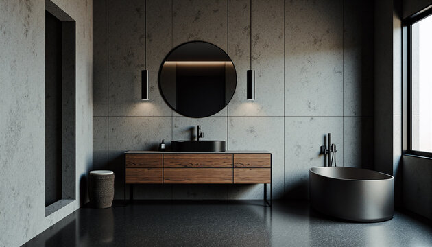 Industrial-style bathroom with exposed pipes, metal bathtub, concrete walls, and dark modern finishes &ndash; interior design with raw textures and sophisticated urban aesthetic