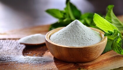 healthy stevia powder in wooden bowl natural sweetener herbal supplement