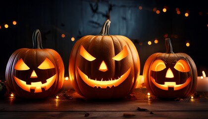 Obraz premium halloween pumpkins lit up in the dark scary pumpkins designs cute pumpkin designs festive spooky season celebration trick or treat