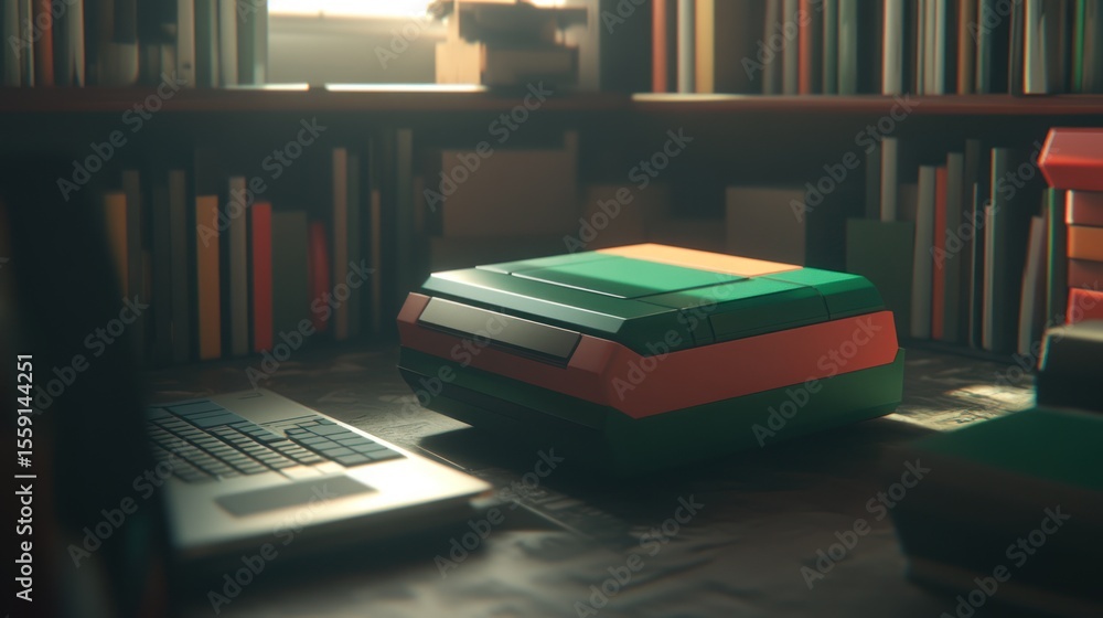Poster retro-futuristic tech device on desk in moody, dark library setting.