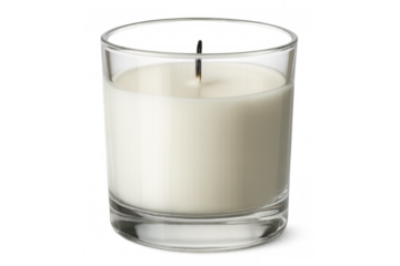 Burning white scented candle glowing softly inside clear glass container, radiating cozy illumination against transparent backdrop