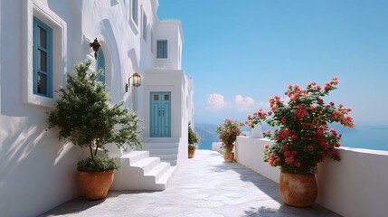 Whitewashed Greek Village Pathway with Ocean View