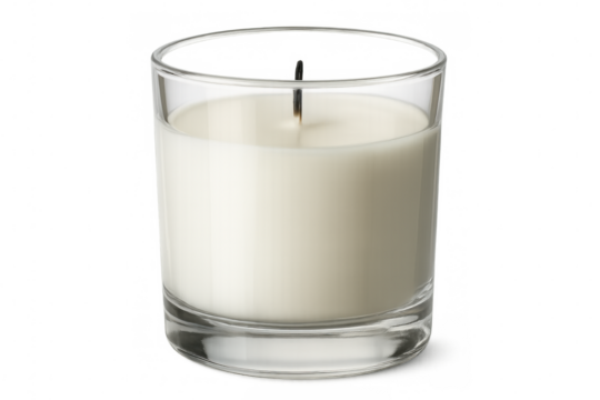 Burning white scented candle glowing softly inside clear glass container, radiating cozy illumination against transparent backdrop