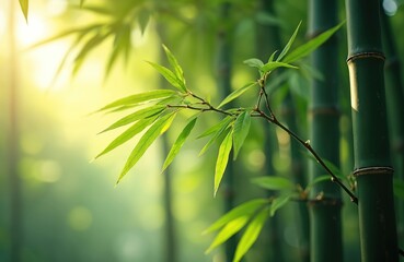 Obraz premium Green bamboo forest with sunlight. Fresh green bamboo leaves branches. Nature background. Zen calm concept, peaceful eco-friendly mood. Asia travel, spa or wellness content.