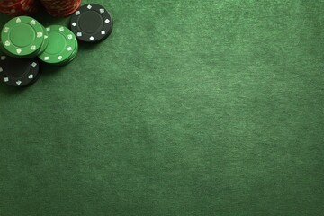 Poker Chips on Green Felt Table Top View