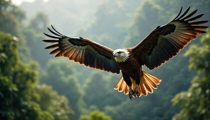 Obraz premium Magnificent Philippine eagle soaring above rich tropical forests with wings spread. Eagle flies high in sky. Wildlife illustration of predator in its natural habitat. Bird of prey.