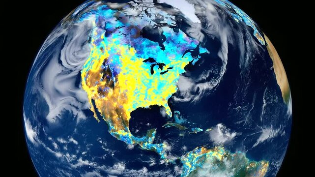 Satellite view of earth showing thermal heatmaps of carbon hot spots across continents.