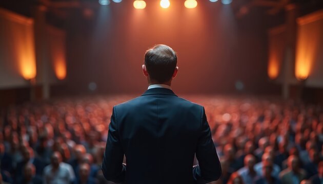 Back view male speaker in suit addressing audience at conference. Business man on stage, public speaking at seminar. Pro presenter sharing ideas. Corporate event leadership meeting. - Powered by Adobe