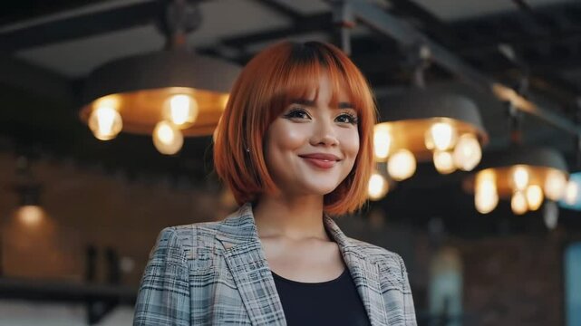 A confident woman with striking ginger hair smiles warmly