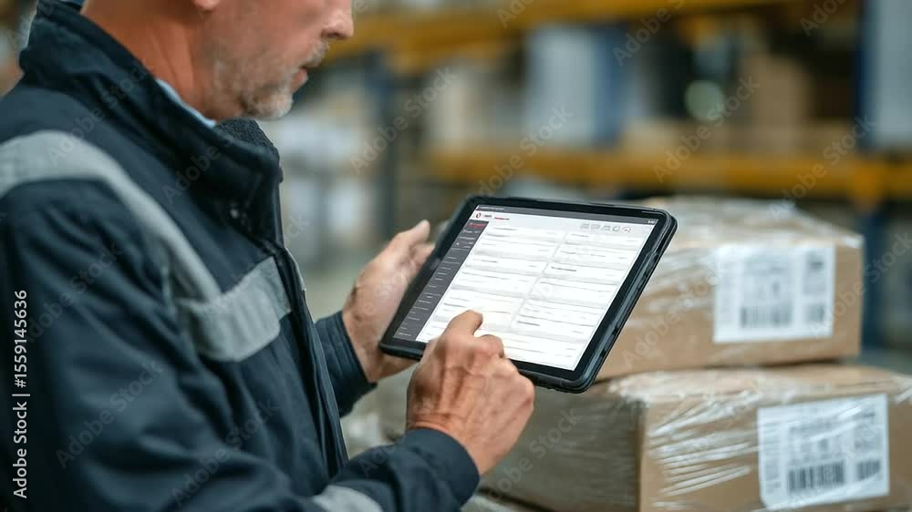 Poster stack of shipping manifests and digital tablet with tracking app open, hands of logistics planner ma