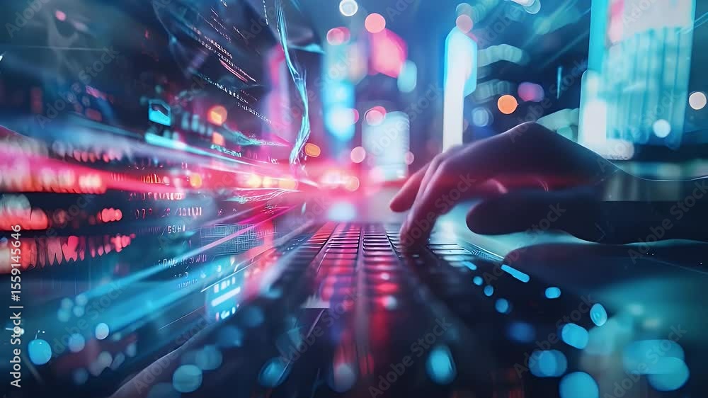 Poster hands typing on keyboard with abstract futuristic cityscape light trails