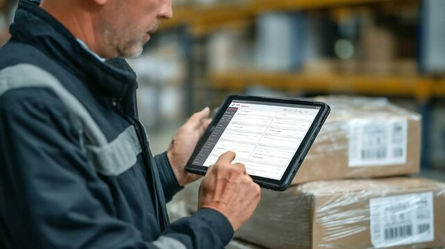 Stack of shipping manifests and digital tablet with tracking app open, hands of logistics planner mark routes on paper.