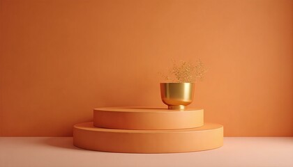 Abstract Minimalist Orange Display Platform with Golden Pot