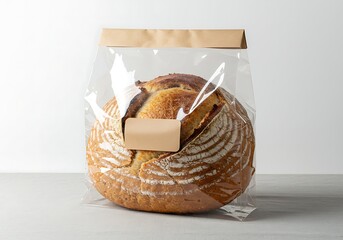 Freshly baked sourdough bread in clear packaging with a blank label ready