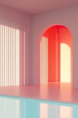Modern minimalist interior with archway and pool in soft pastel lighting