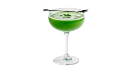 This vibrant green cocktail, elegantly presented with a spoon and mint, looks quite refreshing.