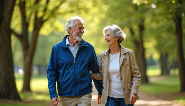 Happy senior couple walking in park, holding hands. Elderly man, woman smile, enjoy time together outdoors. Joyful retirement lifestyle, healthy relationship, love. Happy family, senior people,