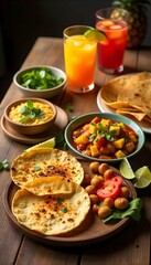 Top-down view of a rustic wooden table filled with assorted traditional dishes, bread, fruits, and beverages — styled food photography for editorial use