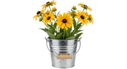 Isolated Black-Eyed Susans in Metal Bucket