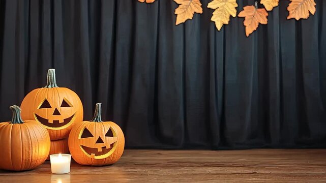Carved pumpkins with spooky faces placed alongside a glowing candle and autumn leaves, enhancing the enchanting holiday spirit