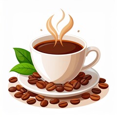 Obraz premium Steaming Coffee in White Cup with Coffee Beans and Green Leaves Illustration