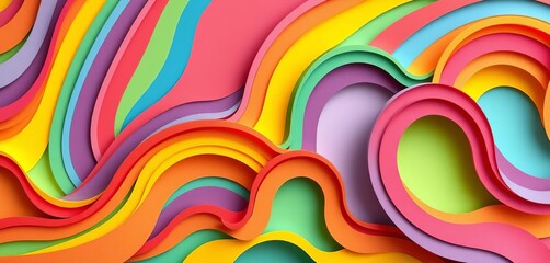 Rainbow layered paper cut waves, vibrant organic curves, geometric design,  art,  vibrant