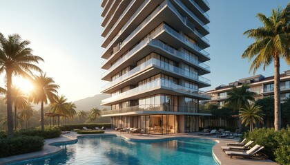 Modern high-rise apartment building with pool, palm trees. Luxury residential architecture exterior. Vacation, tropical resort lifestyle. Travel concept. Sun, blue sky landscape background.