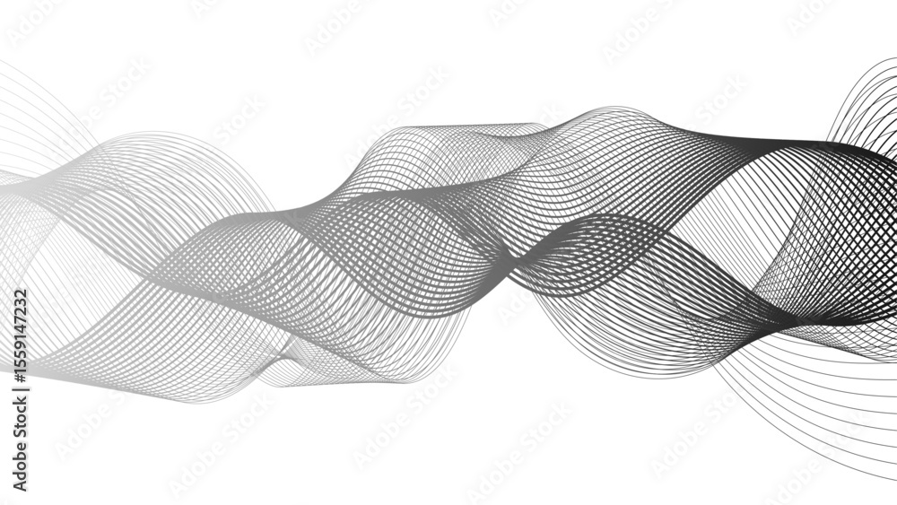 Poster Abstract minimalist black and white abstract wave pattern with overlapping curved lines and smooth, flowing shapes. Modern, elegant, and symmetrical, rhythm, frequency, and motion. 