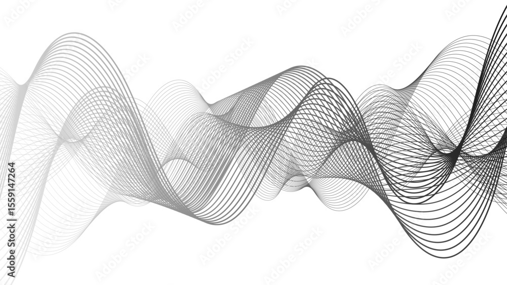 Poster Abstract minimalist black and white abstract wave pattern with overlapping curved lines and smooth, flowing shapes. Modern, elegant, and symmetrical, rhythm, frequency, and motion. 