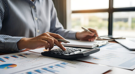 Businesswoman Calculating Finances and Reviewing Documents