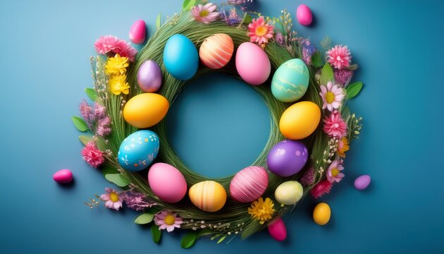colorful easter wreath decorated with vibrant eggs for celebrations and greetings copy space