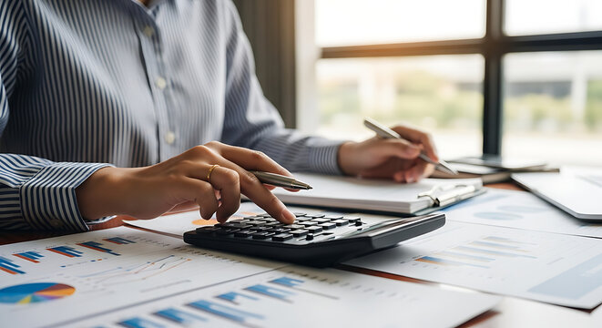 Businesswoman Calculating Finances and Reviewing Documents